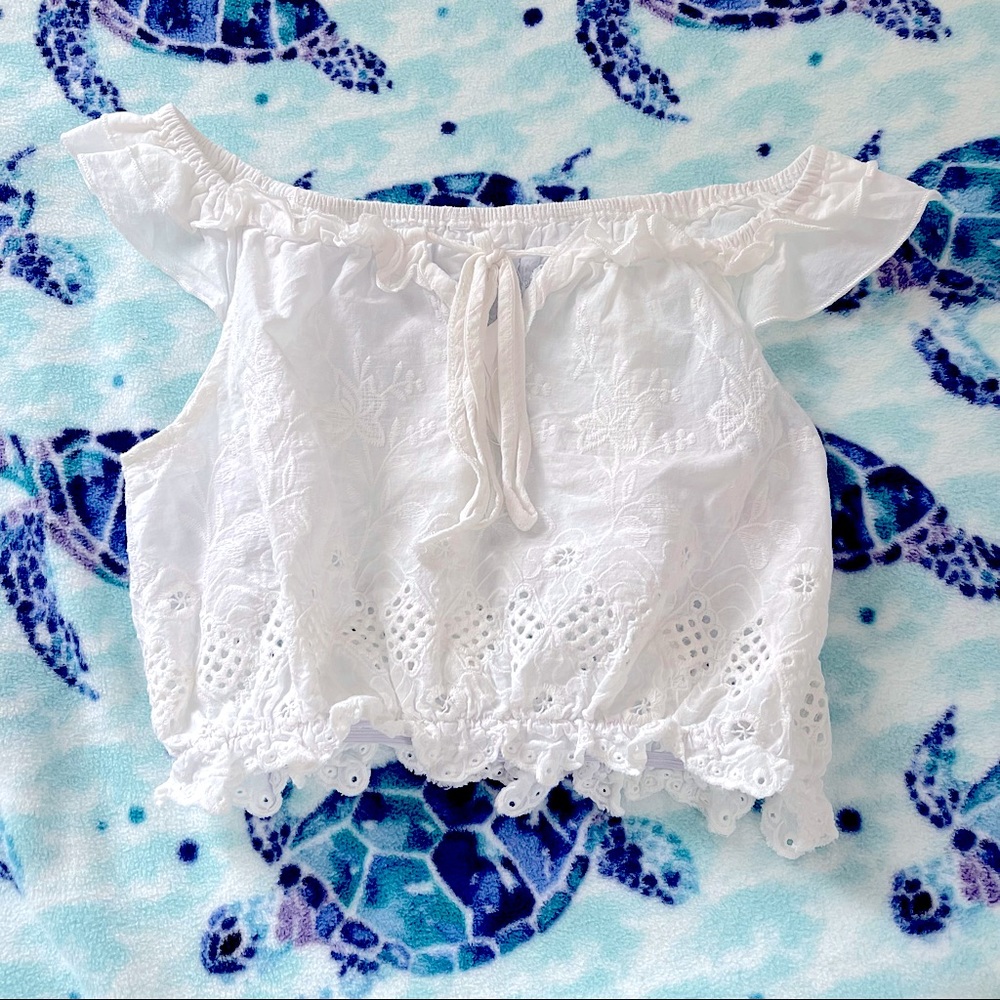 Erin Made White Lace Ruffle Sleeve Off Shoulder Crop Top